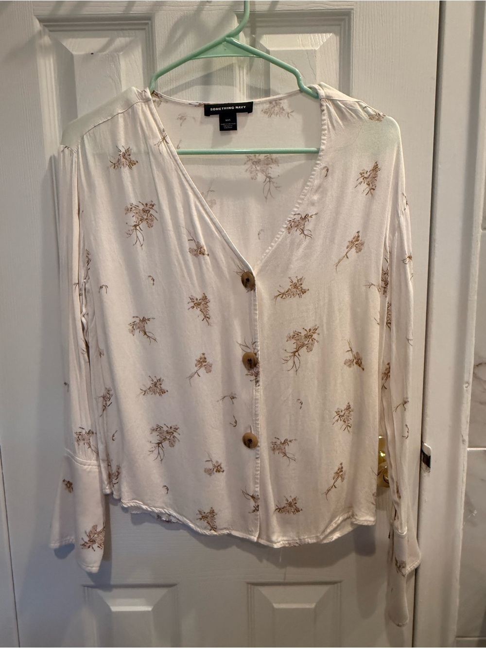 Something Navy Cream Button-Down Floral Top with Brown Print